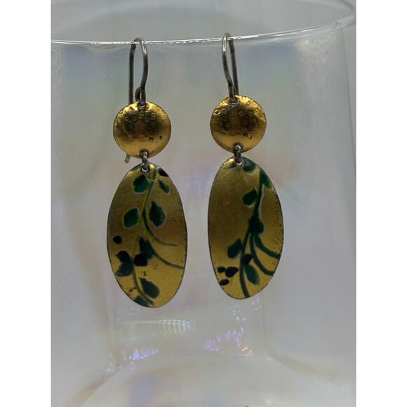 Iridescent Gold Tone Earrings with Abstract Green Design - Picture 6 of 8